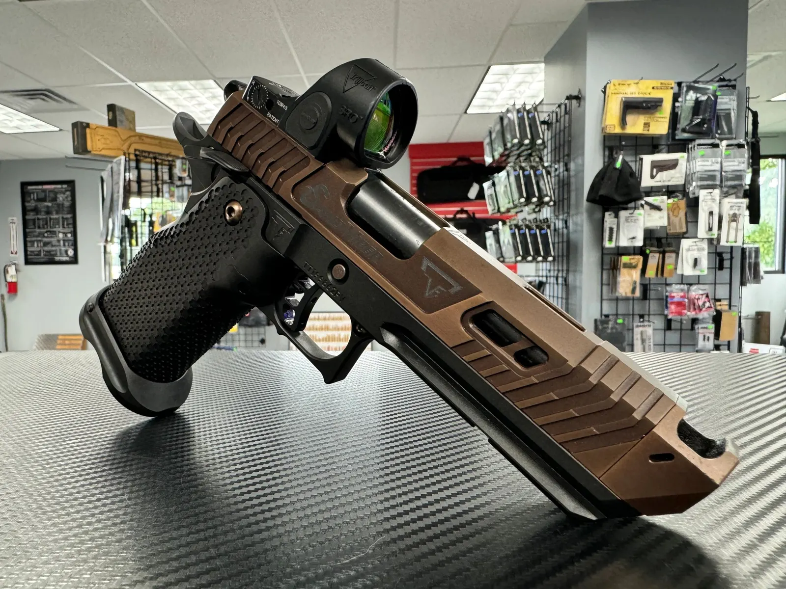 Bronze Cerakote pistol slide